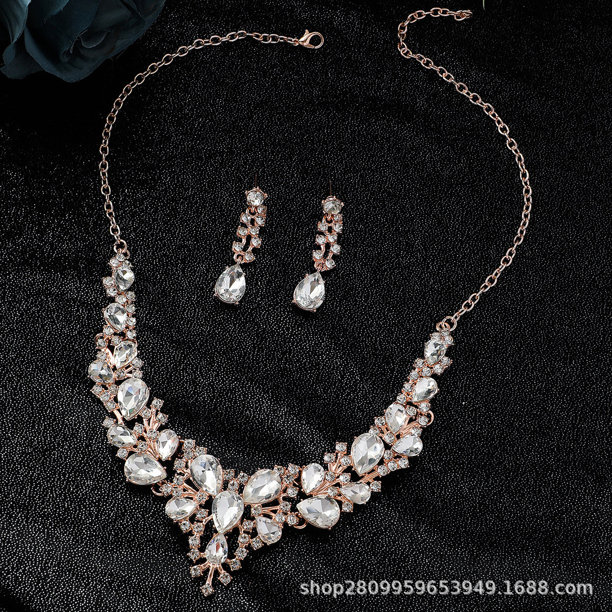 Cross-Border Amazon Jewelry Set Bridal Crystal Accessories Necklace Earrings Two-Piece Set Wedding Dress Women's