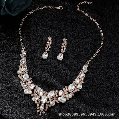 Cross-Border Amazon Jewelry Set Bridal Crystal Accessories Necklace Earrings Two-Piece Set Wedding Dress Women's