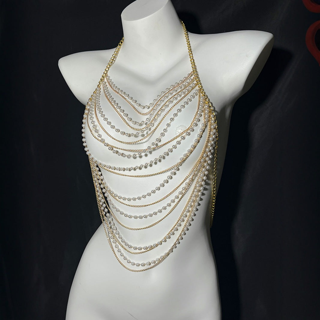 European and American fashion cross-border jewelry summer beach sexy body chest chain handmade pearl chest chain