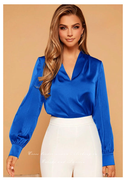 Amazon's Popular European and American V Neck Shirt Tops Spring and Summer Wish Aliexpress Ebay Long-Sleeved Satin Shirt