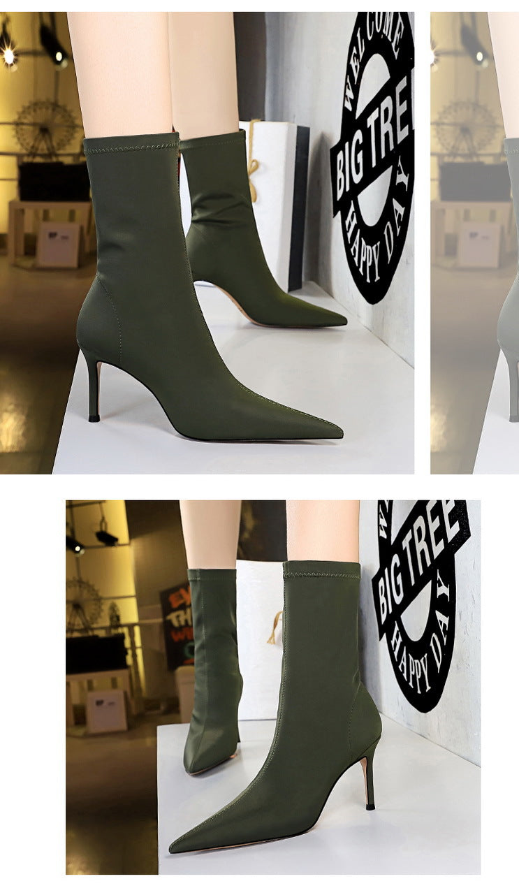 BIGTREE Shoes Stiletto Sexy Elastic Boots Women Shoes Sexy Stretch Fabric Ankle Boots Pointed Tip High Heels Boots Plus Size 43