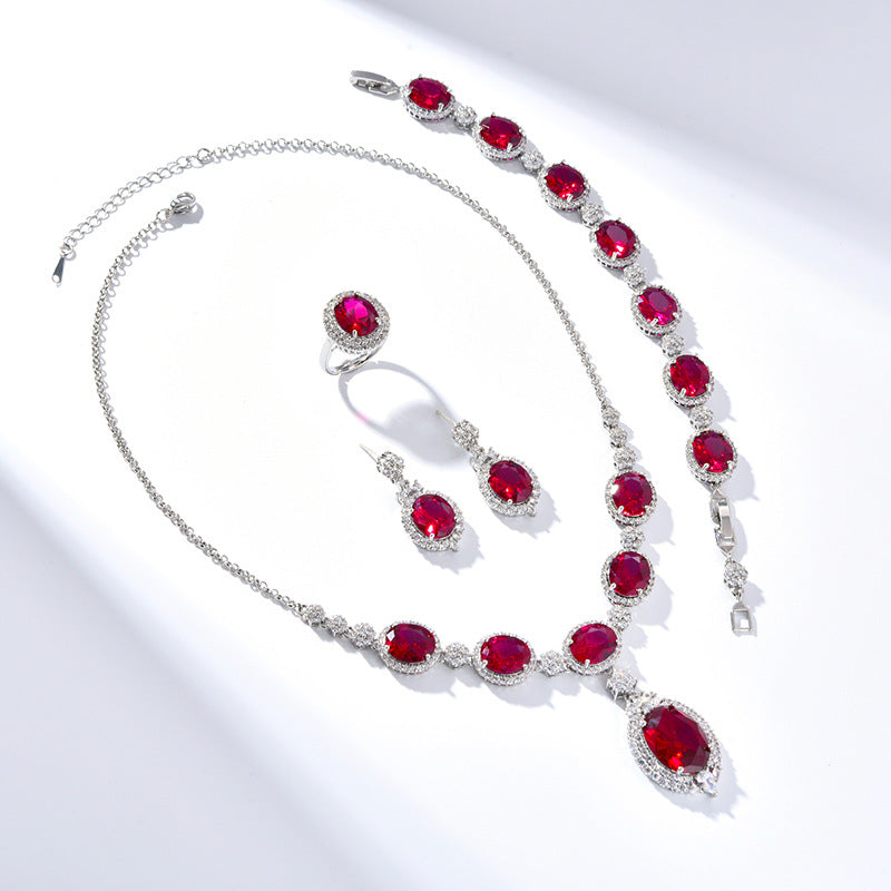 European and American fashion four-piece jewelry caibao zircon necklace suit high temperament earrings jewelry suit multicolor