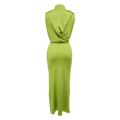 CM.YAYA Women O-neck High Split Ruched Stacked Bodycon Midi Maxi Dress 2024 Evening Party Club Vestidos Sexy Chic Long Dresses
