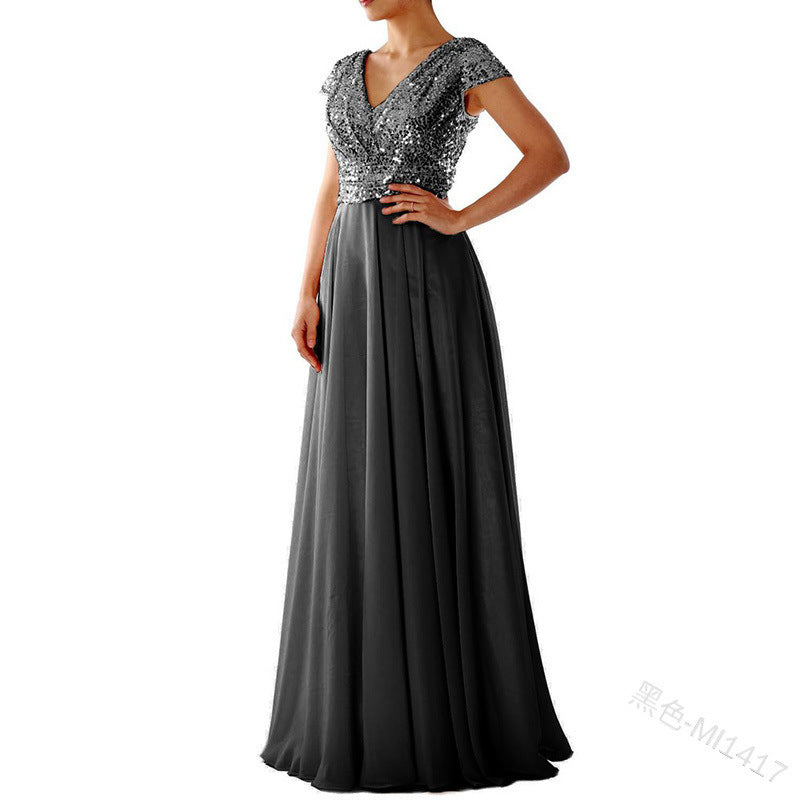 2025 Cross-Border New Spring and Summer European and American Clothing Sleeveless Dress V Neck Sequined Elegant Chiffon Splicing Evening Dress