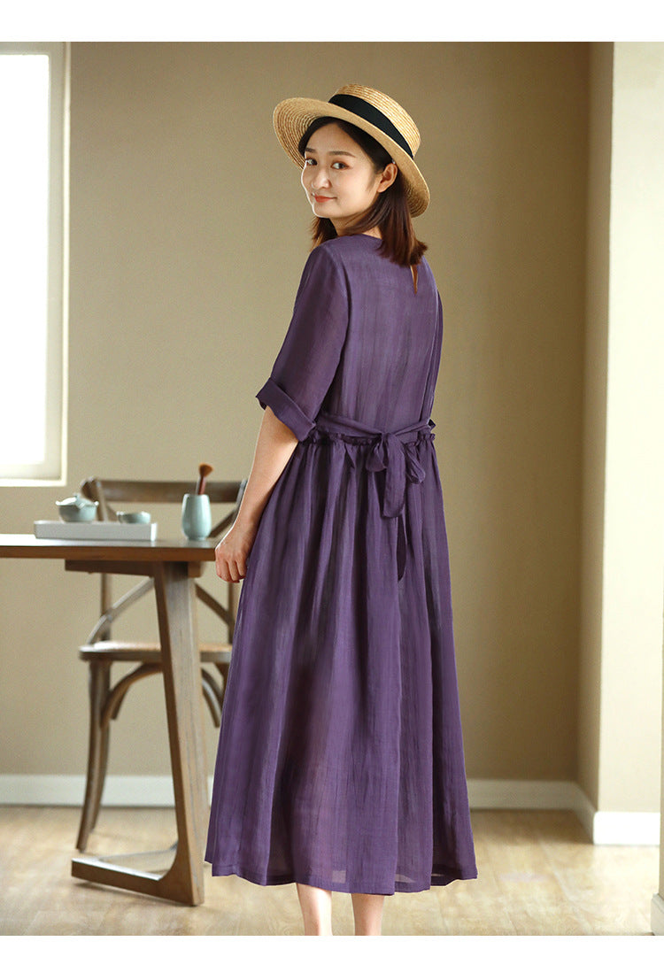 2023 New Summer Cotton Linen dress Women's High Waist Slimming Artistic Loose Retro Seven-Sleeve Round Neck Dress