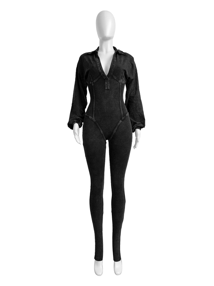 CM.YAYA Fashion Women Knit Ribbed Long Sleeve Moto Biker Jumpsuits 2024 Autumn Washed Street Playsuit One Piece Suit Romper