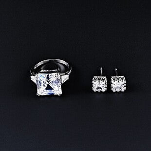 Amazon Fashion Cross-border New Square Long Zircon Earrings Ring Necklace Jewelry Three-piece Set j6138