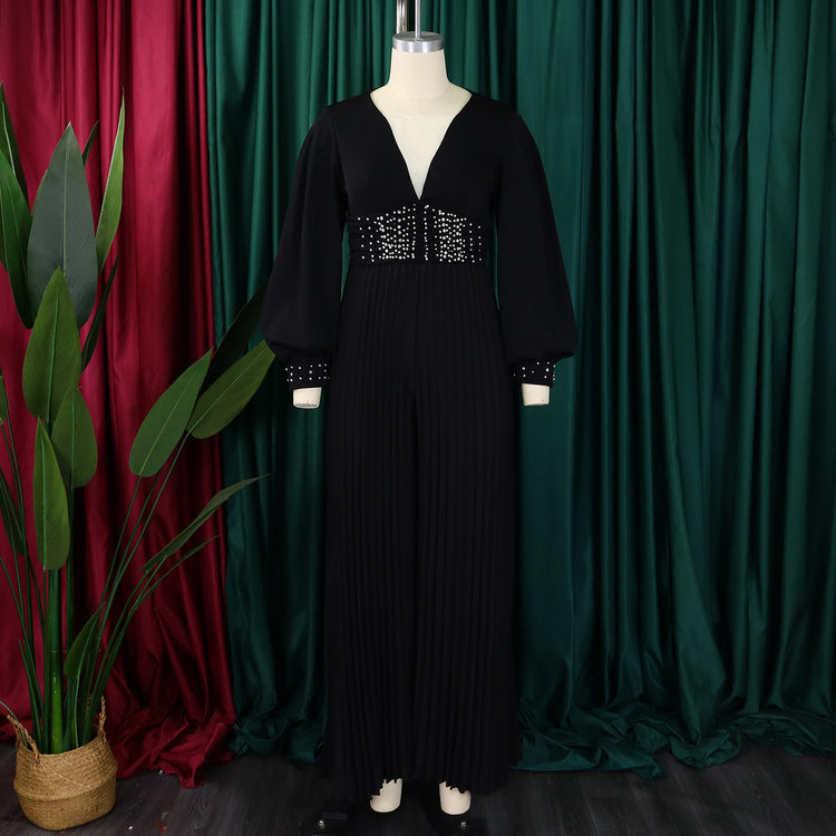 CM.YAYA Women Diamonds Long Sleeve Pleated V-neck Wide Leg Long Jumpsuits Party Beach Fashion Street Sexy Africa Outfit Rompers