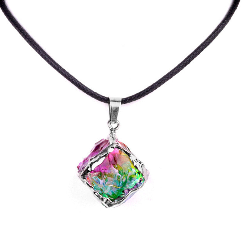Imitation Crystal Rough Stone Square Electroplated Colorful Pendant Artificial Crystal Sugar Cube Necklace DIY Jewelry Pendant