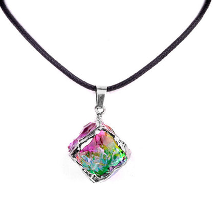 Imitation Crystal Rough Stone Square Electroplated Colorful Pendant Artificial Crystal Sugar Cube Necklace DIY Jewelry Pendant