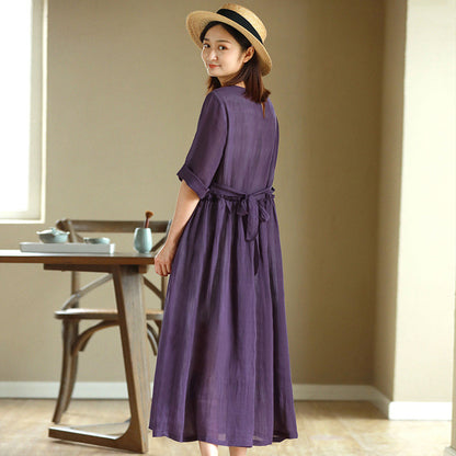 2023 New Summer Cotton Linen dress Women's High Waist Slimming Artistic Loose Retro Seven-Sleeve Round Neck Dress