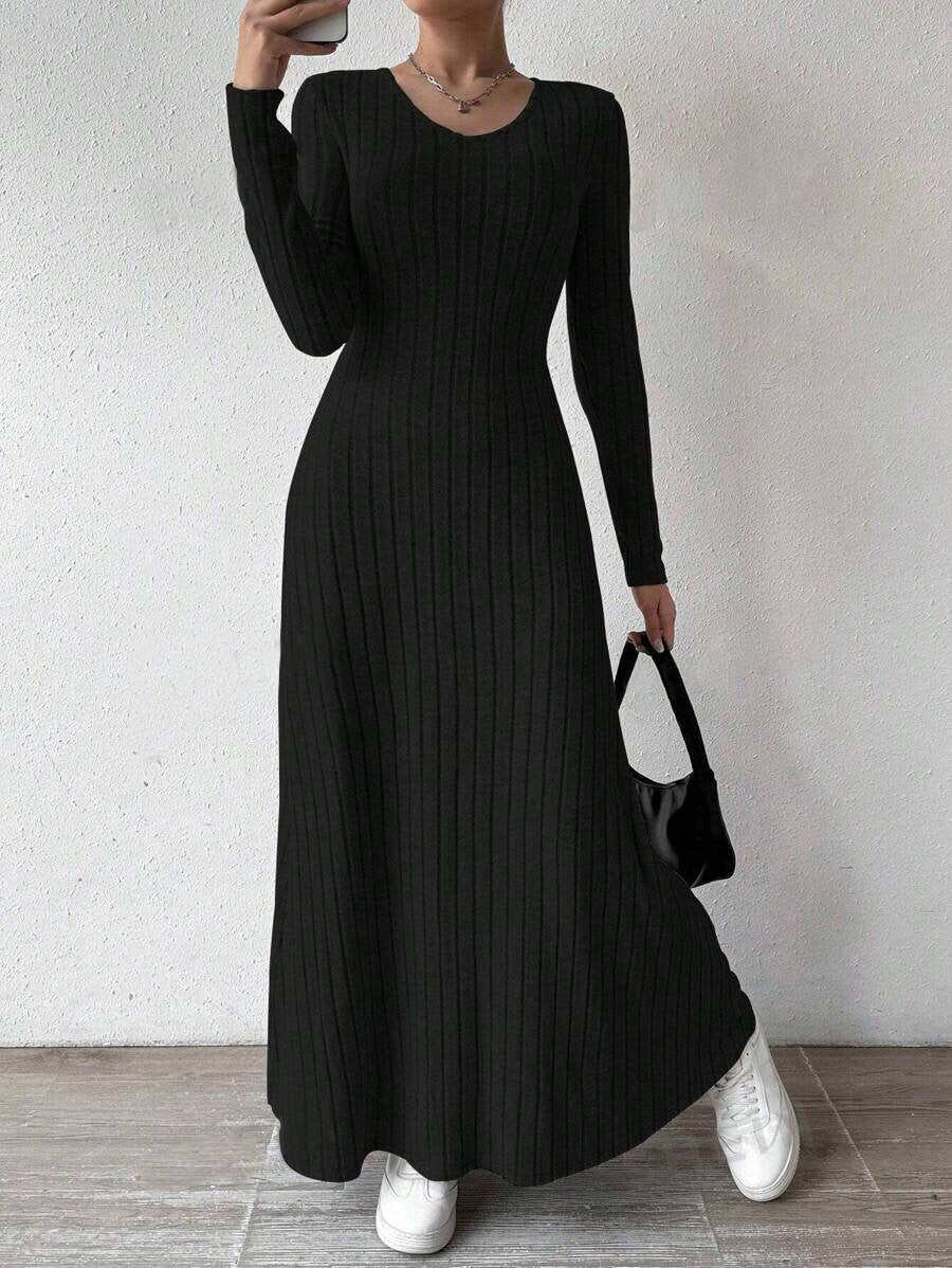 European and American Cross-Border Amazon Dress Slim Fashion Women's Knitted Pure Color Long-Sleeved A-Line Street Long Skirt for Women