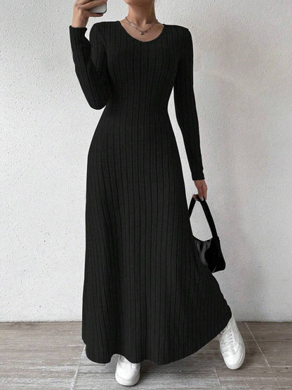European and American Cross-Border Amazon Dress Slim Fashion Women's Knitted Pure Color Long-Sleeved A-Line Street Long Skirt for Women