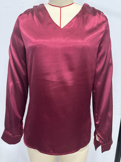 2026 Amazon Hot-Selling Women's Clothing Satin Pleated Long-Sleeve Top V-Neck Casual Loose Satin Commuter Shirt