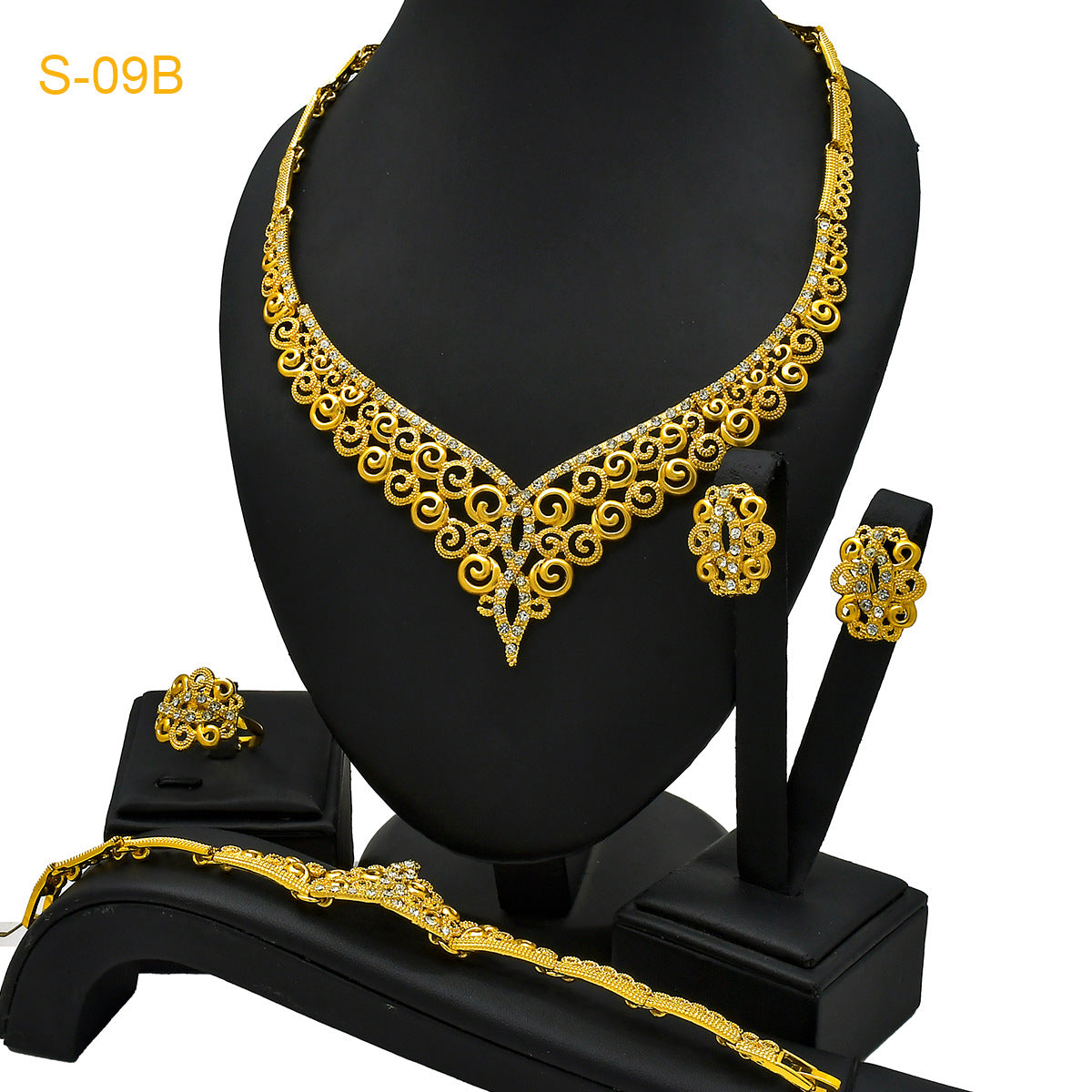 24K Gold Dubai Explosions Bride Four-piece Flower Rhinestone Jewelry Alloy Necklace Bracelet Earrings Ring