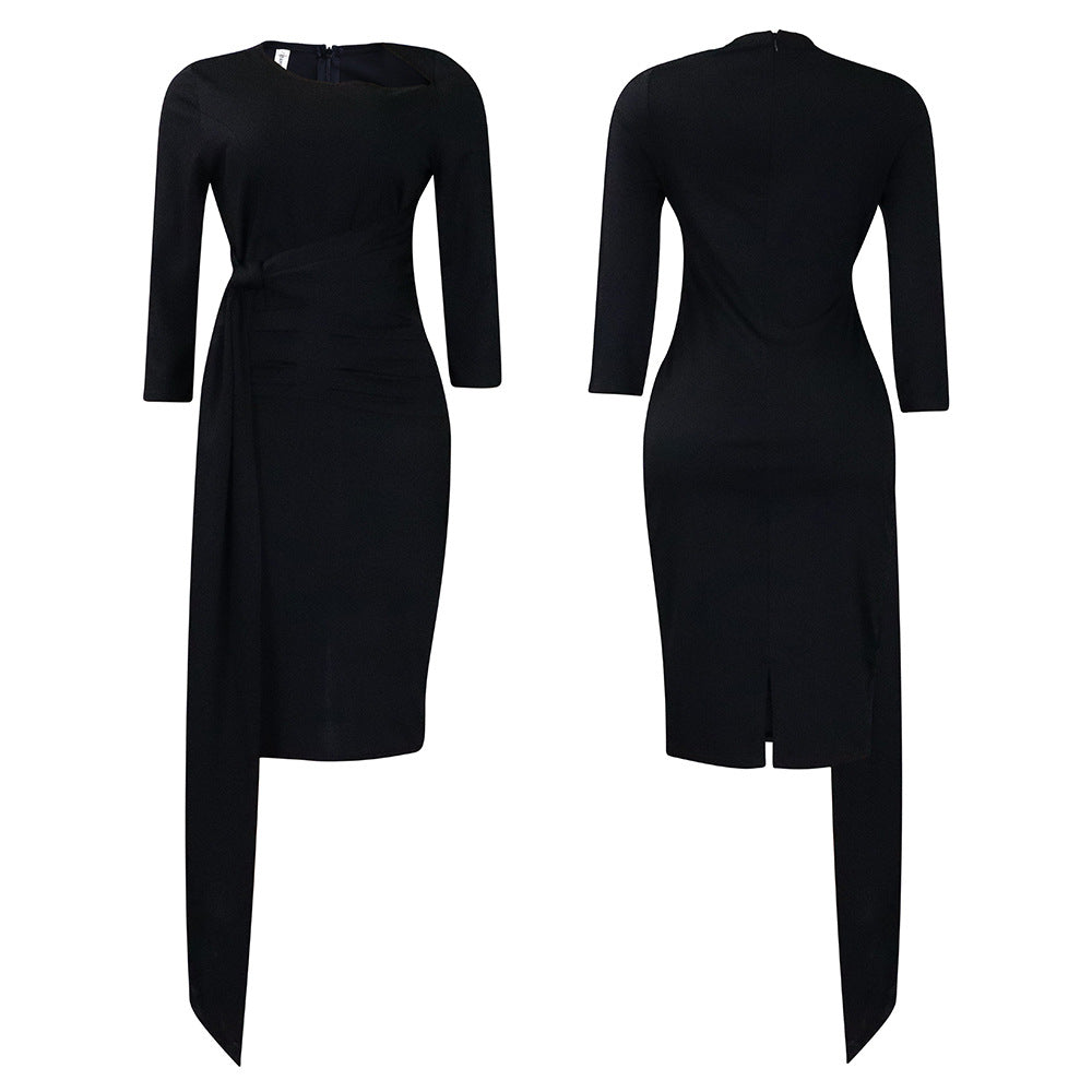 D3168 European and American Clothing Summer Office Dress Three-Quarter Sleeve Pleated Strap Professional Large Size African Dress