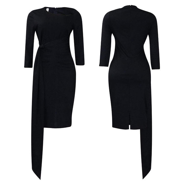 D3168 European and American Clothing Summer Office Dress Three-Quarter Sleeve Pleated Strap Professional Large Size African Dress