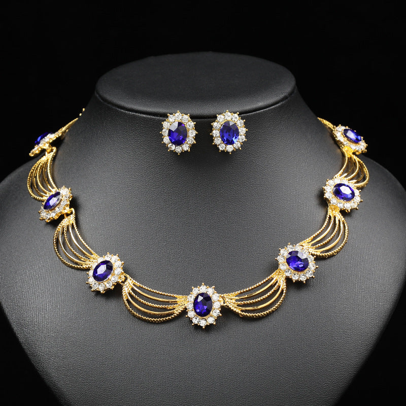 Jewelry Set, Gemstone Necklace, Literary Retro, Medieval Palace Fan-Shaped, Beautiful Popular Necklace, Earrings Set