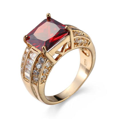 Cross-border Hot Gold-plated Jewelry Men's and Women's Wedding Ring Jewelry Garnet Red Zircon Ring Women's Design Sense Niche Jewelry Trendy