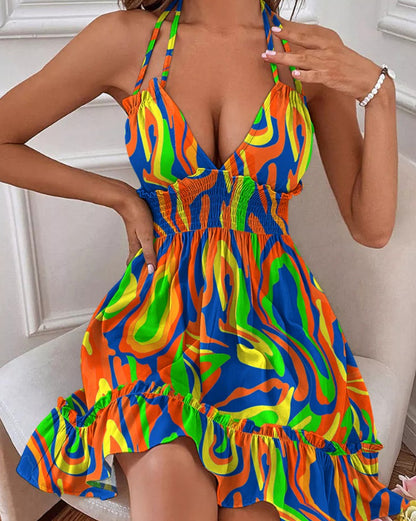 European and American Amazon Cross-Border Popular Women's Clothing Deep V Rope Suspender Parallel Pleated Sexy Dress Beach Degree