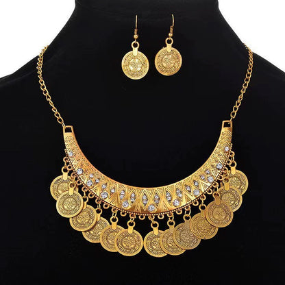 European and American Retro Fashion Golden Roman Coin Tassel Necklace Bohemian Ethnic Style Clavicle Chain Jewelry suit