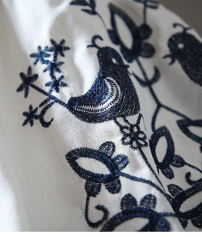 European Station Fashion Ethnic Style Lantern Sleeve Cotton Linen Long Sleeve Heavy Industry Embroidered Loose Casual Shirt Women's Autumn Top