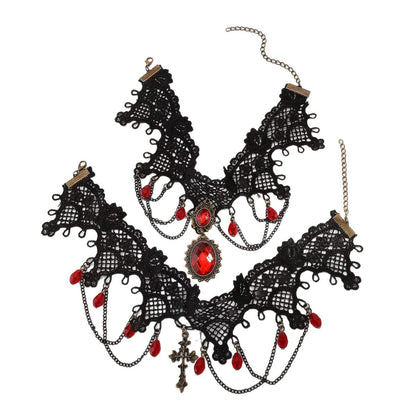 European and American Cross-Border Jewelry Gothic Style Halloween Cross Gemstone Necklace Niche Lace Tassel Necklace Accessories