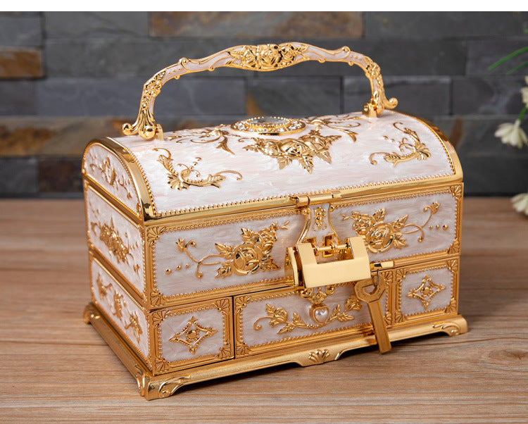 Metal Creative Wedding Engagement Jewelry Box Multi-Layer Large-Capacity Jewelry Storage Box Handle with Mirror Feel