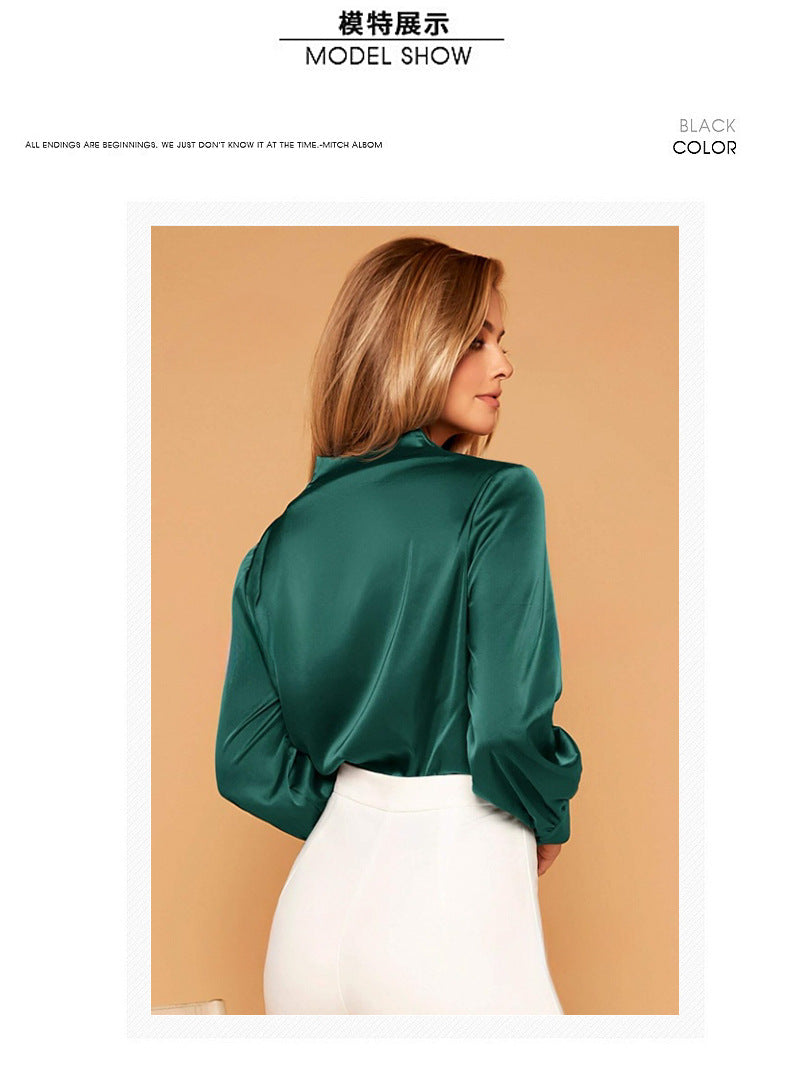Amazon's Popular European and American V Neck Shirt Tops Spring and Summer Wish Aliexpress Ebay Long-Sleeved Satin Shirt
