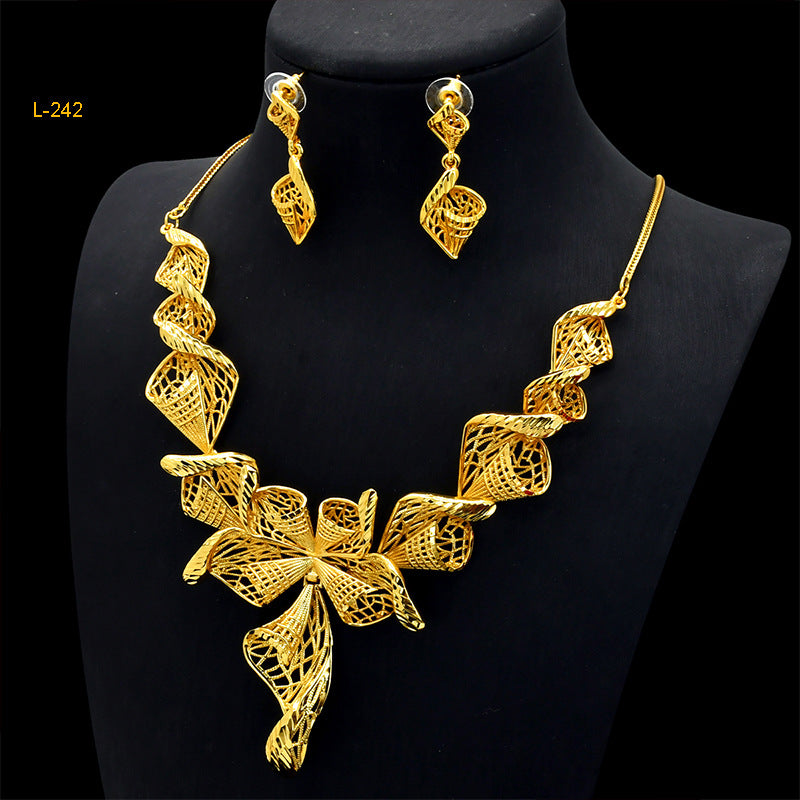 Imitation gold flower necklace earrings suit Dubai India Nigeria brass gold plated women wedding jewelry lot
