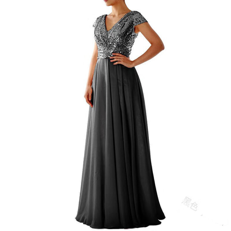 2025 Cross-Border New Spring and Summer European and American Clothing Sleeveless Dress V Neck Sequined Elegant Chiffon Splicing Evening Dress