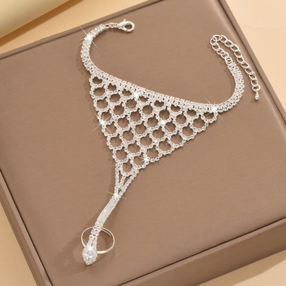 Factory Direct Supply European and American Fashion Full Diamond Bracelet for Women, Bracelet and Ring Integrated Chain, Beach Anklet, Hand Jewelry, Foot Jewelry