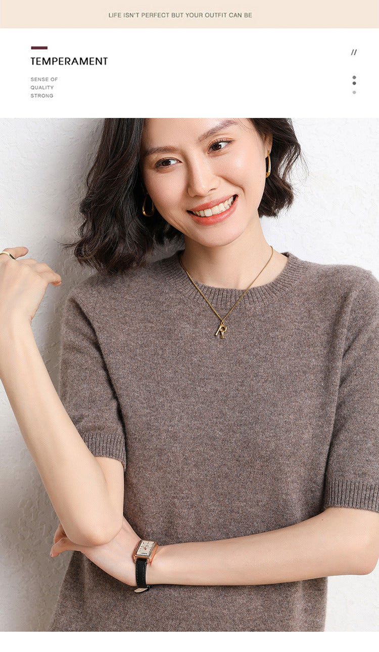 2025 Spring and Summer New Style Knitted Short-Sleeved Women's Round Neck Bottoming Knitted Pullover Half-Sleeved Sweater Loose Bottoming Sweater