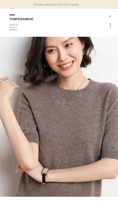 2025 Spring and Summer New Style Knitted Short-Sleeved Women's Round Neck Bottoming Knitted Pullover Half-Sleeved Sweater Loose Bottoming Sweater