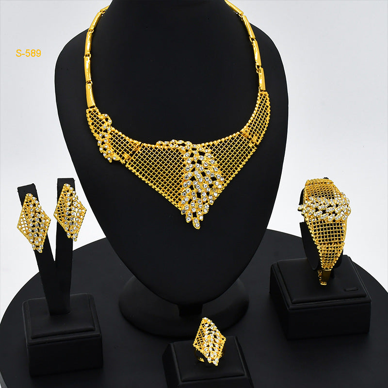 2025 Summer Dubai 24K Gold Bridal Jewelry Set Necklace Earrings Bracelet Ring Middle East Africa Jewelry