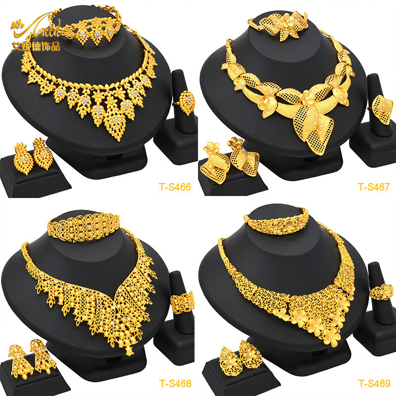 Cross-border hot selling four-piece Indian Dubai gold jewelry necklace bracelet ring earrings bridal wedding big jewelry