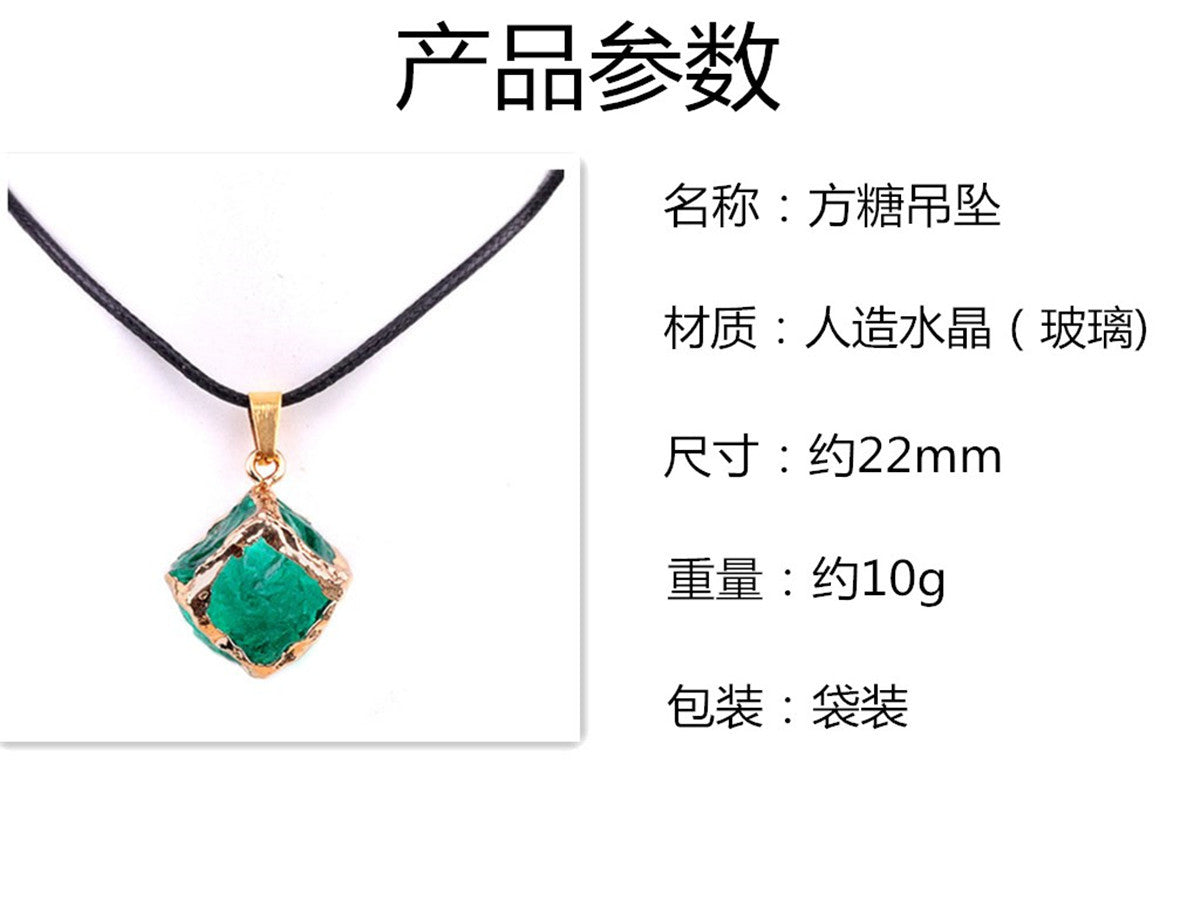 Imitation Crystal Rough Stone Square Electroplated Colorful Pendant Artificial Crystal Sugar Cube Necklace DIY Jewelry Pendant