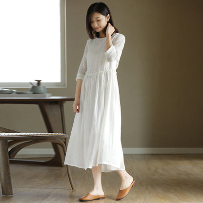 2023 New Summer Cotton Linen dress Women's High Waist Slimming Artistic Loose Retro Seven-Sleeve Round Neck Dress