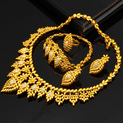 24K Gold Dubai Explosions Bride Four-piece Flower Rhinestone Jewelry Alloy Necklace Bracelet Earrings Ring