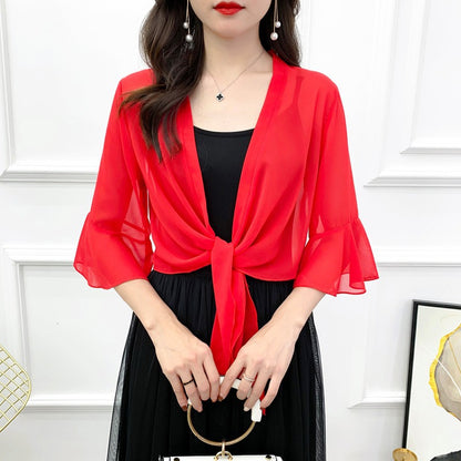 Sunscreen Cardigan Women's Spring and Summer Shawl Outer Blouse Thin Jacket with Sling Skirt Chiffon Small Waistcoat