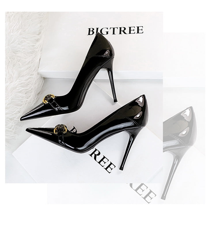 Luxury Women Pumps Metal Belt Buckle High Heels Patent Leather Women Heels Stilettos Career OL Office Shoes Plus Size 41 42 43