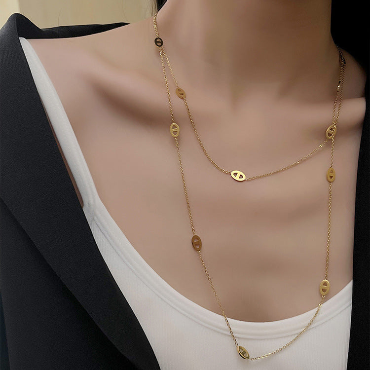 18K Titanium Steel Pig Nose Necklace Accessories Women's High-End Stacked Sweater Chain Extra Long Accessible Luxury Niche Clavicle Chain
