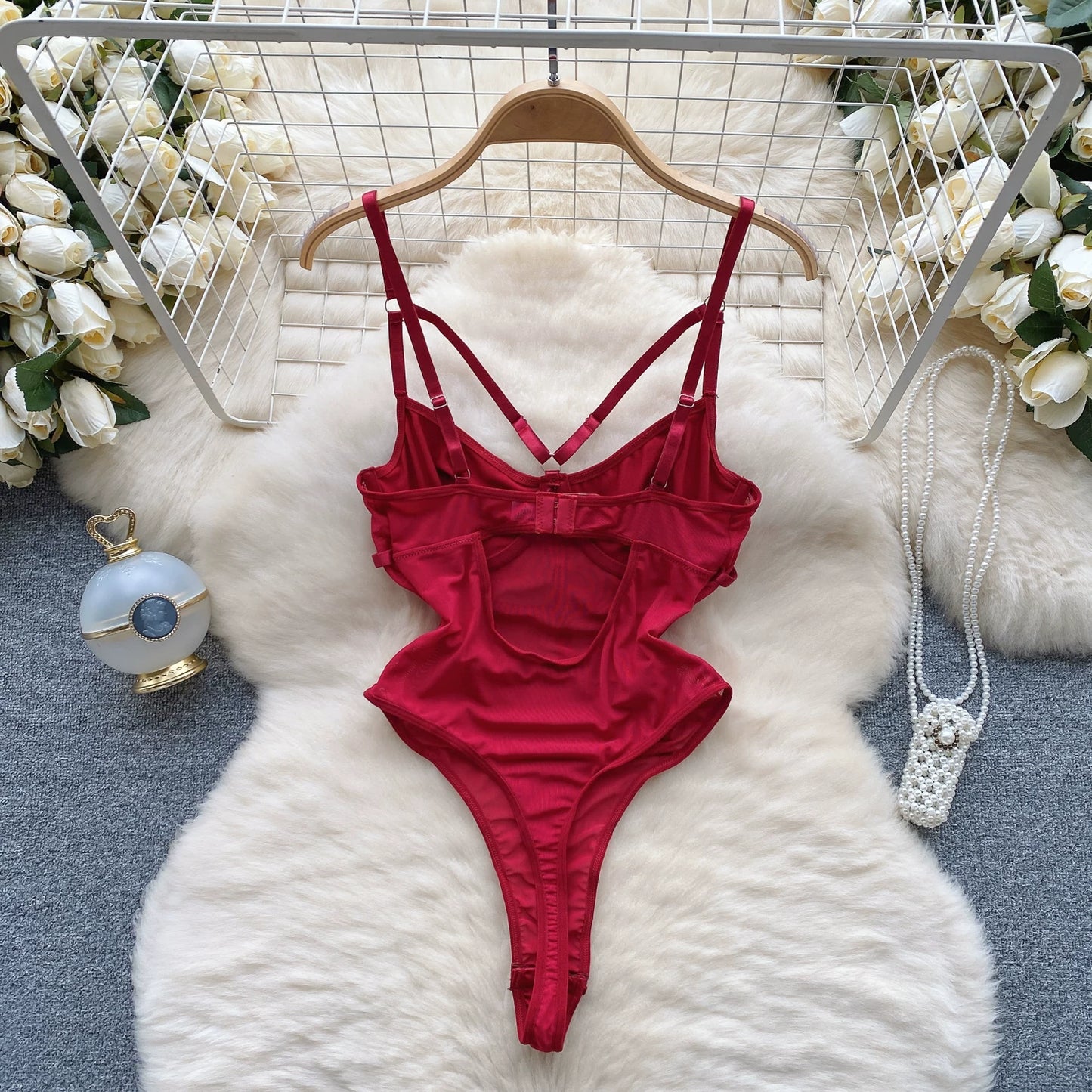 CHILLGIO Women Sexy Lace Strappy Rompers Lingerie One Piece Combination Bodycon Catsuits Sheer Fashion Solid Push Up Bodysuits