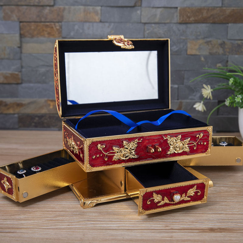 Metal Creative Wedding Engagement Jewelry Box Multi-Layer Large-Capacity Jewelry Storage Box Handle with Mirror Feel