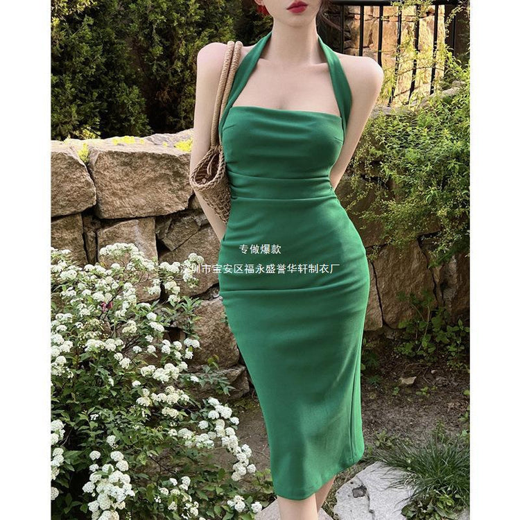 Pure Pink Neck Sling dress Women's Summer Texture French Waist Hip Mid-length Skirt Elegant