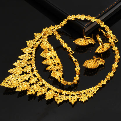 24K Gold Dubai Explosions Bride Four-piece Flower Rhinestone Jewelry Alloy Necklace Bracelet Earrings Ring
