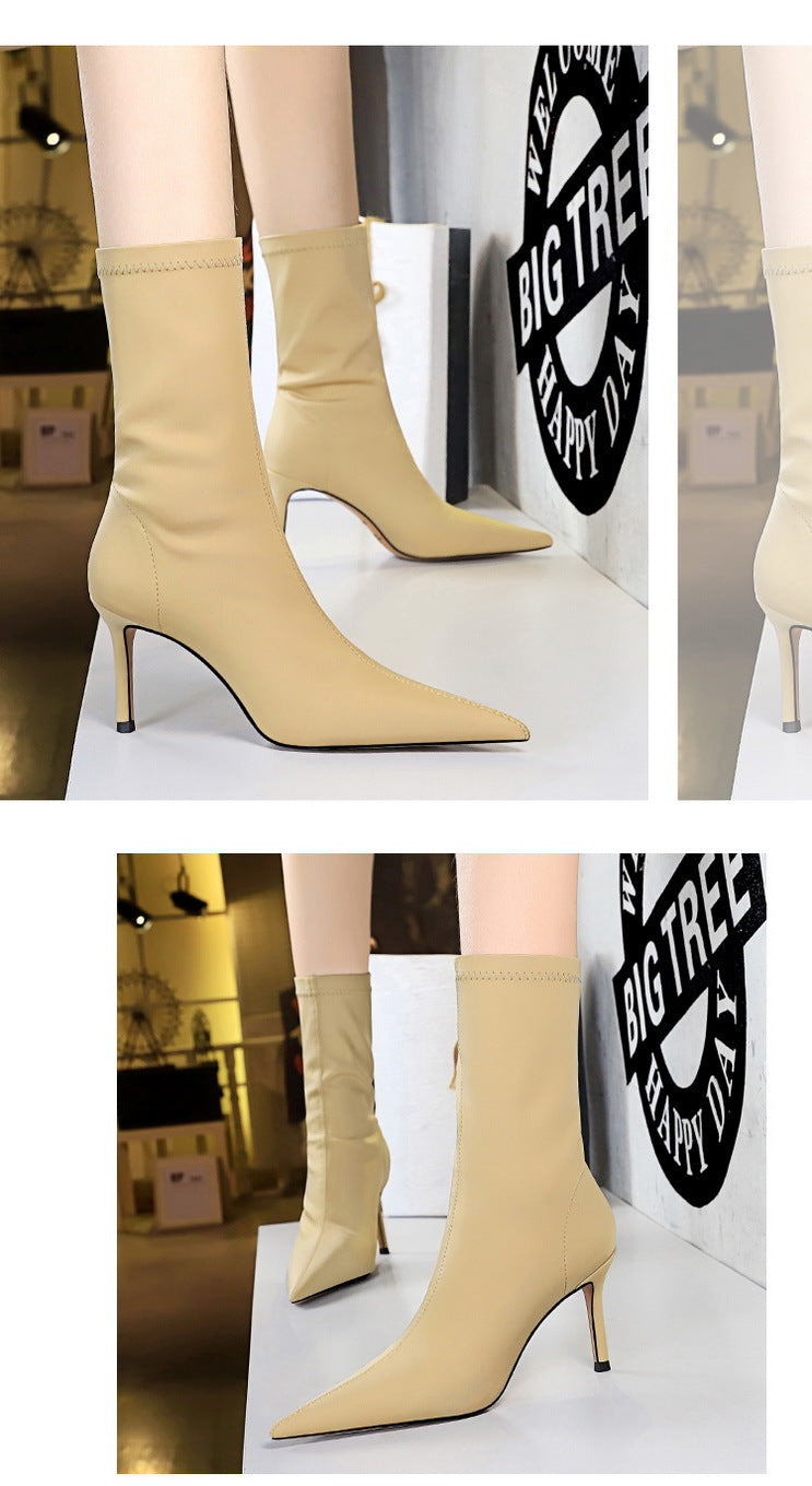 BIGTREE Shoes Stiletto Sexy Elastic Boots Women Shoes Sexy Stretch Fabric Ankle Boots Pointed Tip High Heels Boots Plus Size 43
