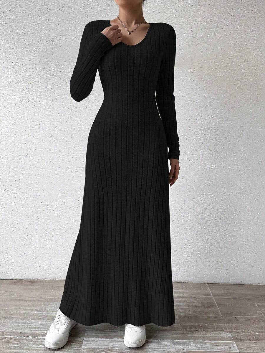 European and American Cross-Border Amazon Dress Slim Fashion Women's Knitted Pure Color Long-Sleeved A-Line Street Long Skirt for Women