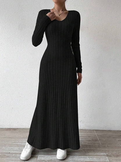 European and American Cross-Border Amazon Dress Slim Fashion Women's Knitted Pure Color Long-Sleeved A-Line Street Long Skirt for Women