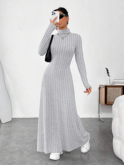 European and American Cross-Border Autumn and Winter Women's Clothing, Slim-Fitting High Collar, Fashionable Solid Color Pit Strip Brushed Long-Sleeved Dress for Women